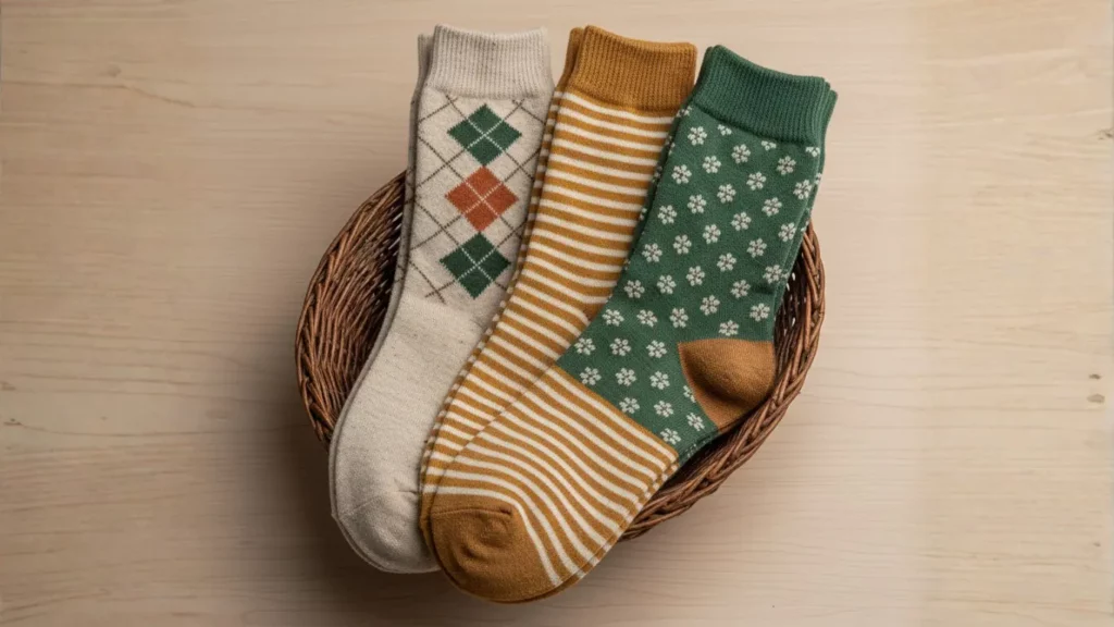 A neatly folded 5-pack of vintage-style wool blend crew socks with subtle patterns in earthy tones, arranged on a rustic wooden surface.
