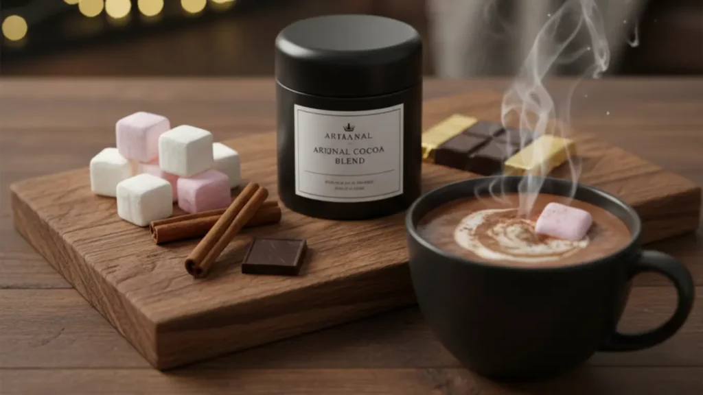A luxurious gourmet hot chocolate gift set featuring high-quality cocoa powder, artisanal marshmallows, and a steaming mug, beautifully arranged on a wooden board.