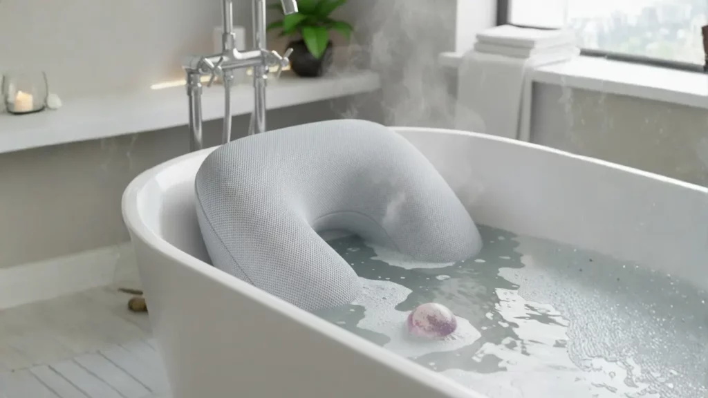 A luxurious white 4D mesh bath pillow resting in a modern bathtub filled with steaming water, designed for ergonomic head and neck support.