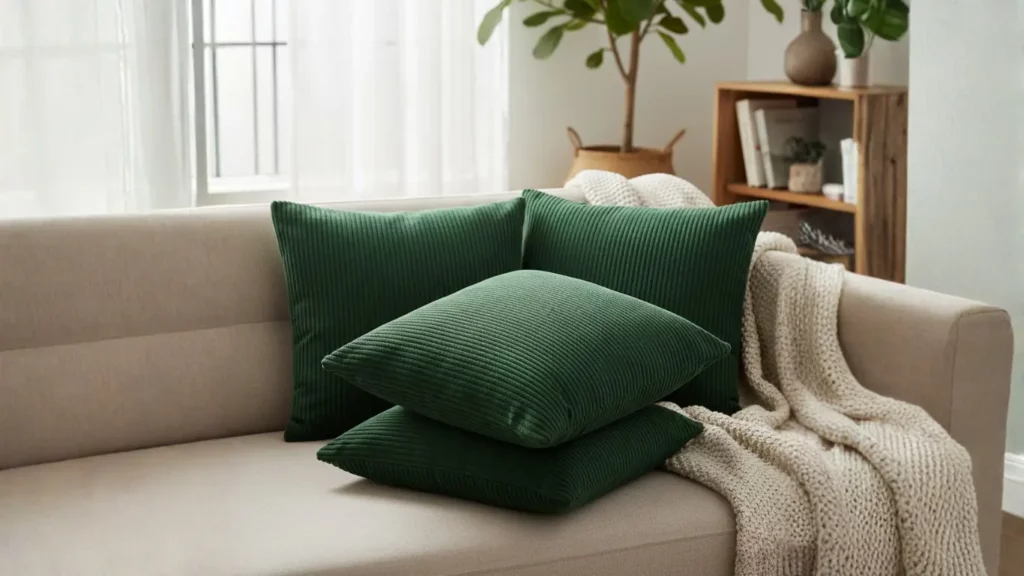 A set of two rich terracotta corduroy decorative pillow covers, neatly folded and displayed on a light sofa, highlighting their ribbed texture and cozy appeal.