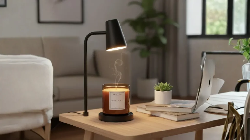A stylish, modern matte black candle warmer lamp safely melting a scented jar candle on a wooden side table, releasing fragrance without an open flame.