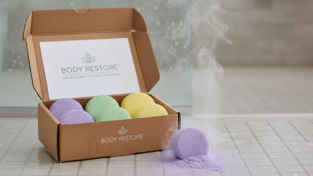 A 6-pack of colorful Body Restore Aromatherapy Shower Steamers, with one fizzing in a modern shower, releasing fragrant steam for a spa-like experience.