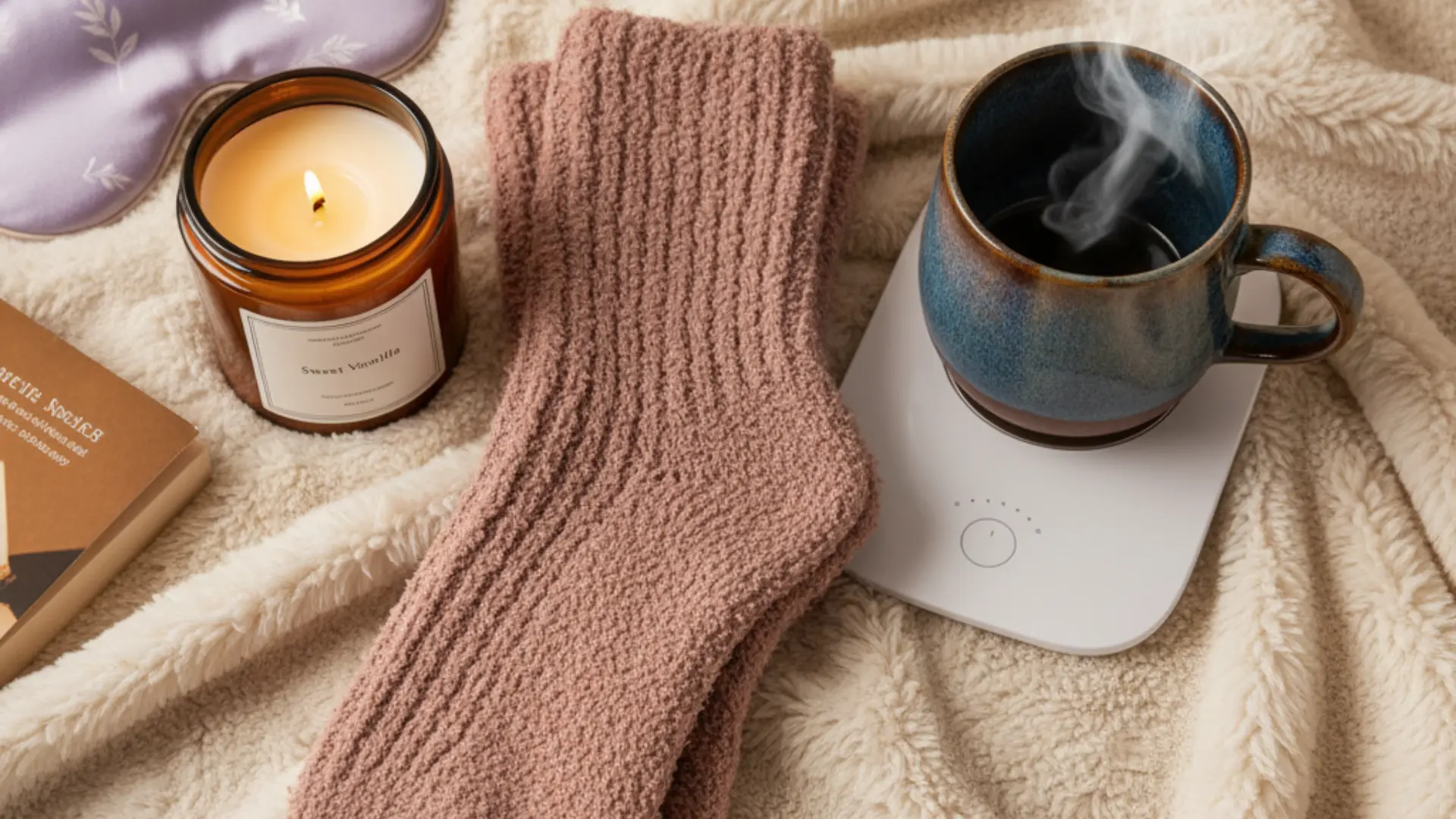 Cozy flat lay of gifts for homebodies her under $25 including socks, mug warmer, candle