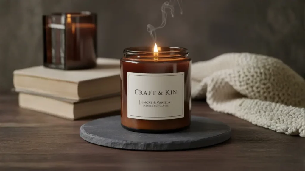 A lit Craft & Kin Smoke & Vanilla scented soy candle in a dark amber glass jar, placed on a wooden surface, creating a warm and serene ambiance.