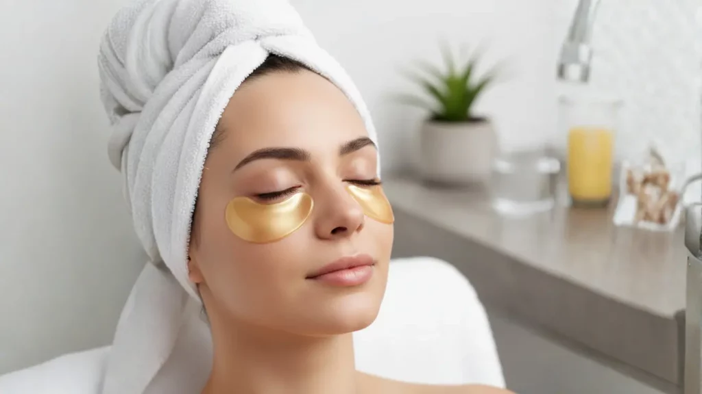 A person relaxing with shimmering Grace & Stella 24K Gold Energizing Under-Eye Masks applied, creating a luxurious and refreshing spa-like experience.