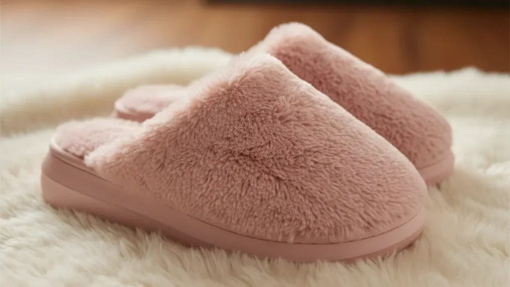 A pair of plush, soft pink memory foam slippers on a cozy rug, perfect as a comfortable gift for her.