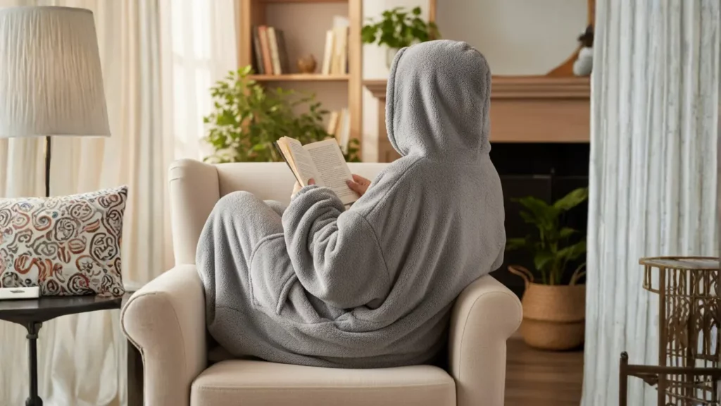 A person lounging on a sofa, fully enveloped in an oversized, fluffy gray wearable blanket hoodie, holding a steaming mug, epitomizing cozy comfort.