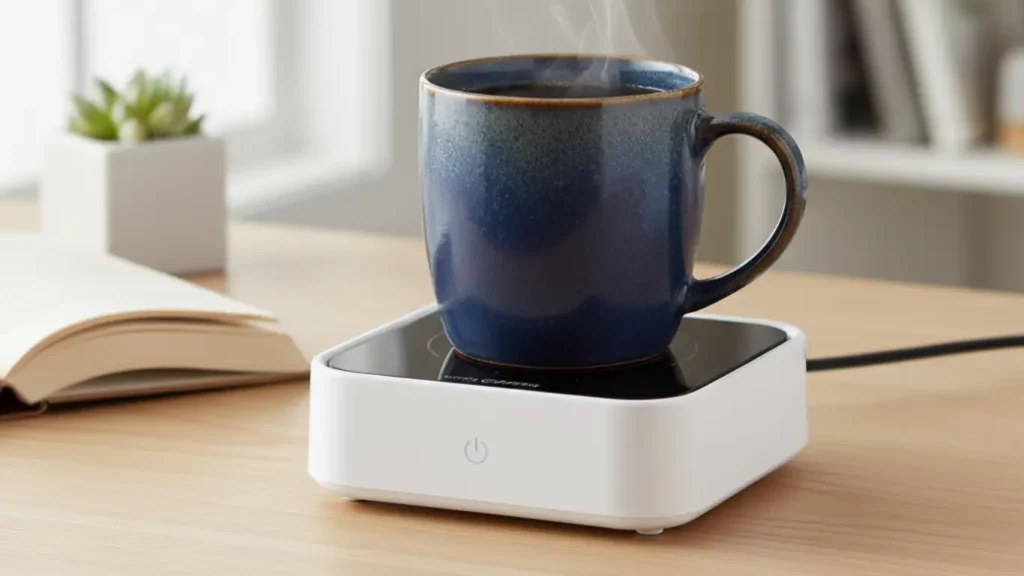 A sleek Mr. Coffee Mug Warmer keeping a steaming ceramic mug of coffee hot on a wooden desk, emphasizing its practical and comforting function.