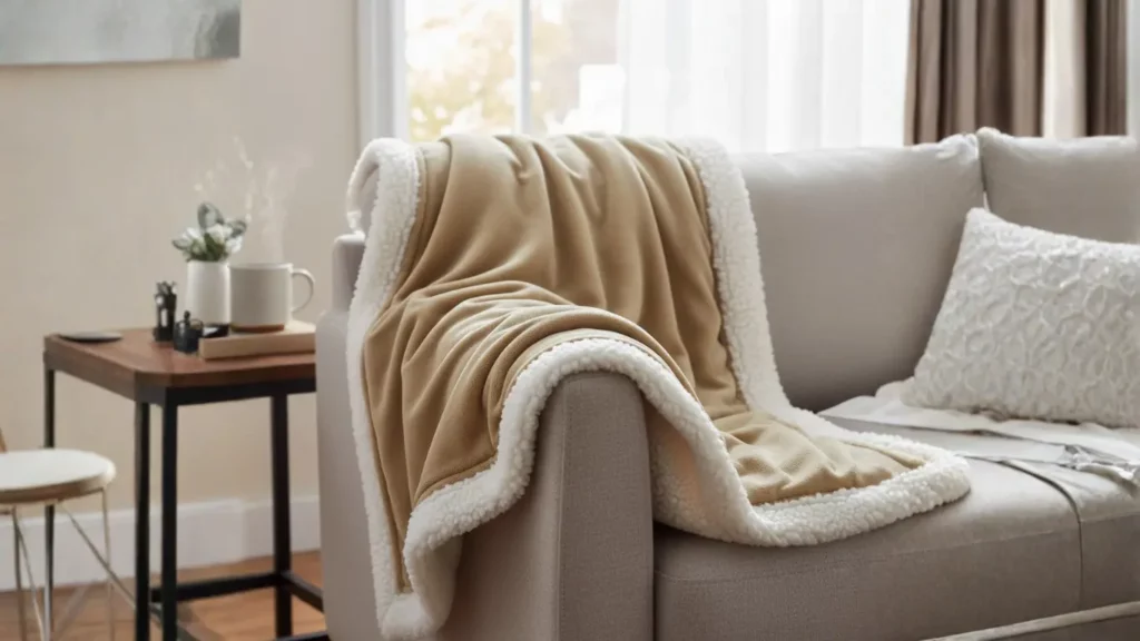 A luxurious Bedsure Sherpa Fleece Throw Blanket in warm gray, draped over a sofa, showcasing its dual-sided velvety and fluffy textures, perfect for cozy comfort.