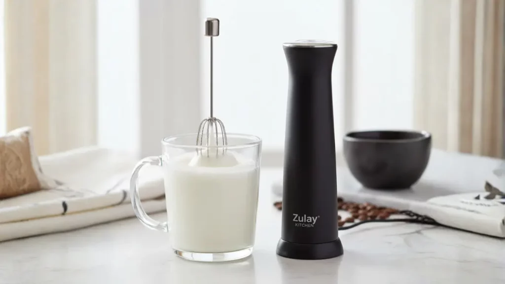 A sleek Zulay Kitchen Handheld Milk Frother actively creating thick, creamy foam in a glass mug on a modern kitchen countertop, perfect for lattes and cappuccinos.