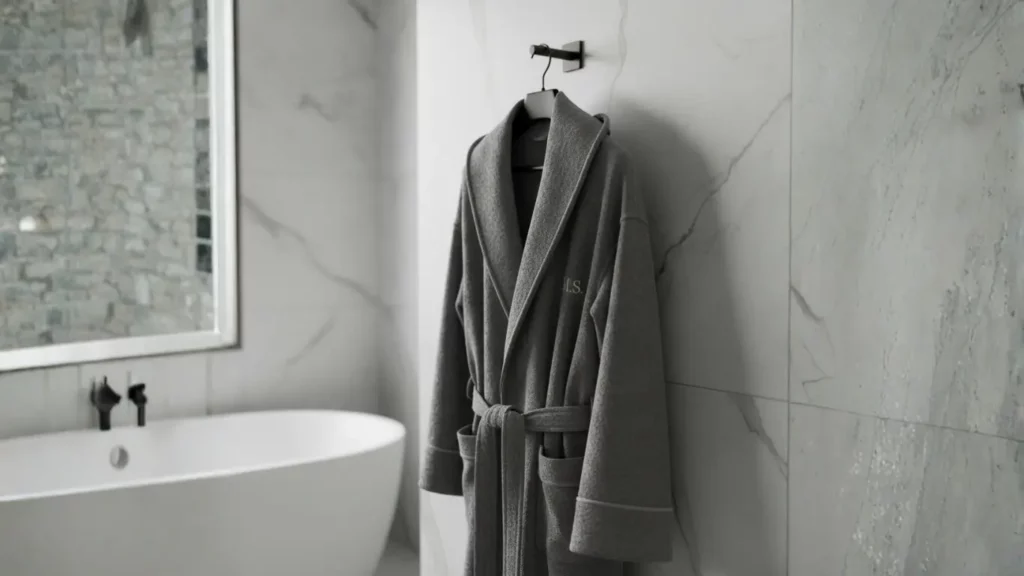An incredibly soft and bougie men's robe in charcoal gray, draped elegantly in a spa-like bathroom