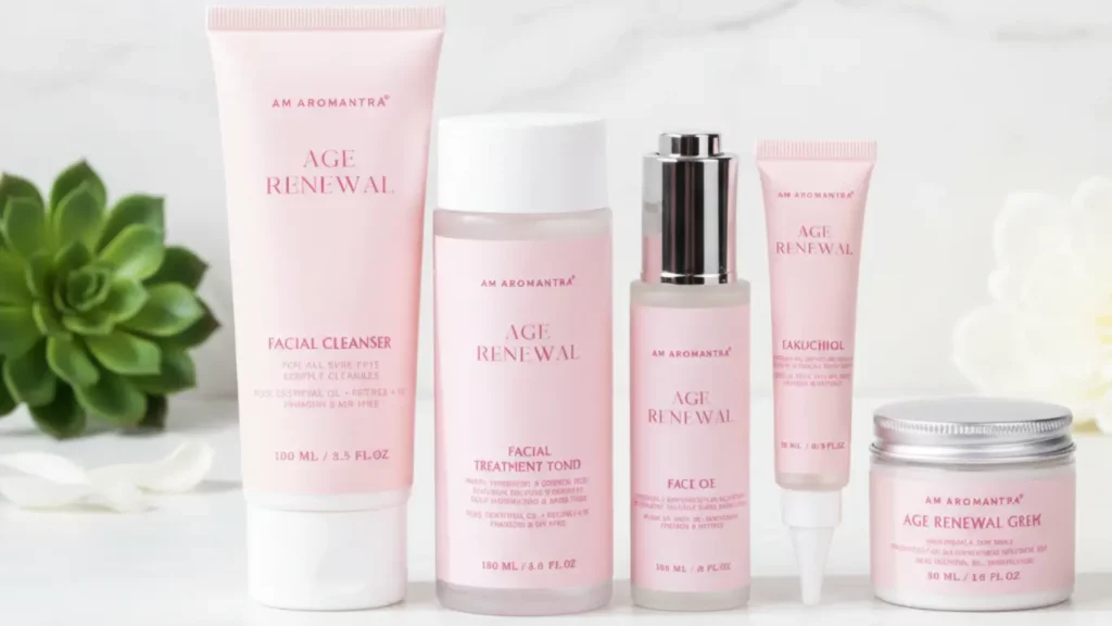 Mom-safe skincare kit free of retinols on marble surface, gentle anti-aging gift for pregnant women.