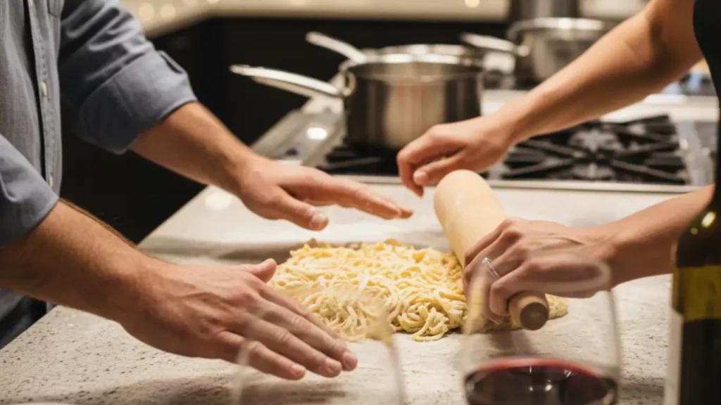 A couple's hands working together to make fresh pasta during a romantic 'Date Night' cooking class, with two glasses of wine nearby, as a fun experience gift.