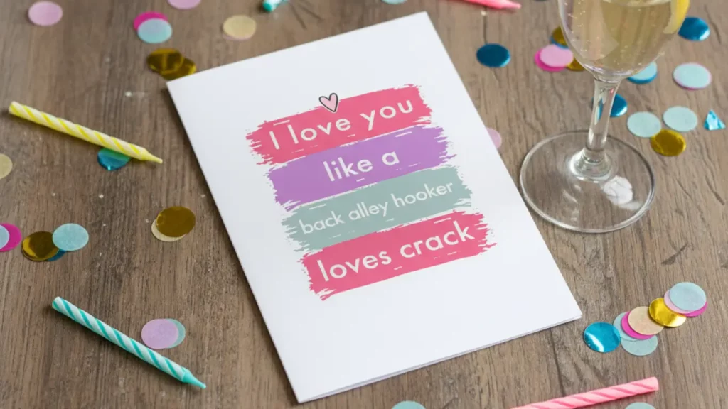 Funny inappropriate birthday card for pregnant best friend on festive table, hilarious gift to make her laugh.