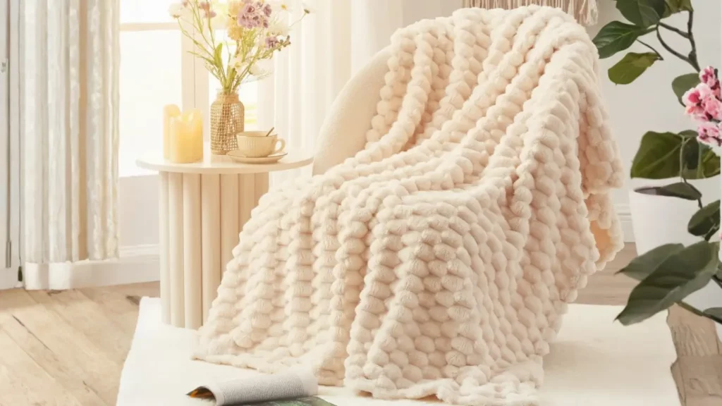 High-quality plush throw blanket draped on a cozy chair, perfect nesting gift for pregnant friend to relax.