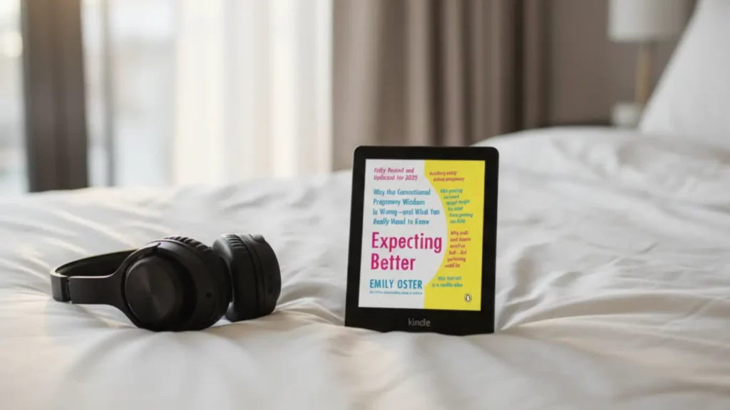 Kindle e-reader and headphones on bed, perfect entertainment gift for pregnant friend to relax and escape.