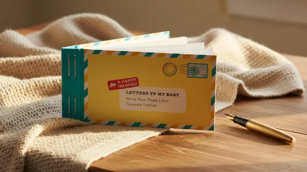 Letters to My Baby journal with pen on cozy blanket, sentimental keepsake gift for pregnant friend to record memories.