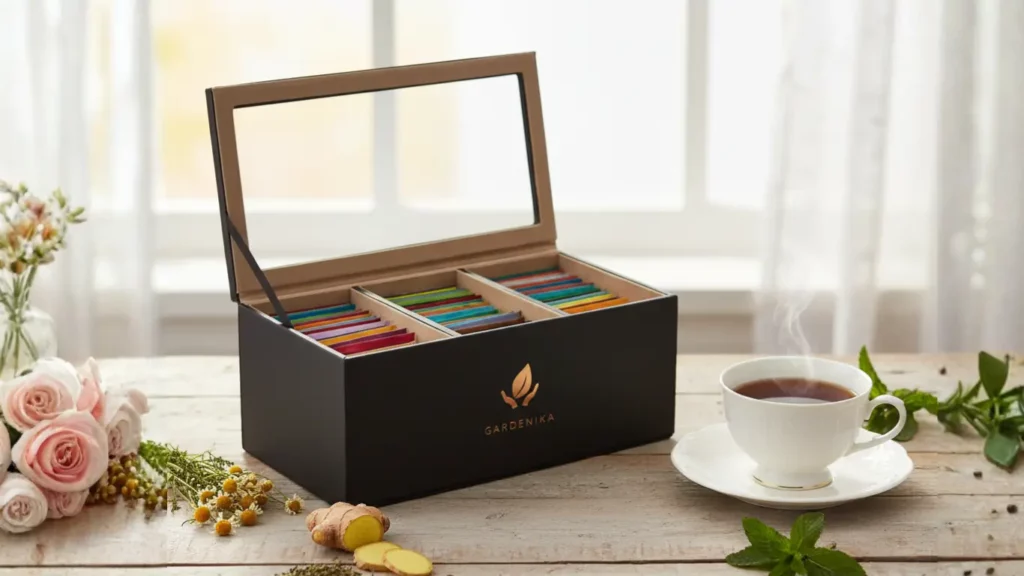 Luxury caffeine-free herbal tea assortment with steaming cup, cozy pregnancy gift for relaxation and warmth.
