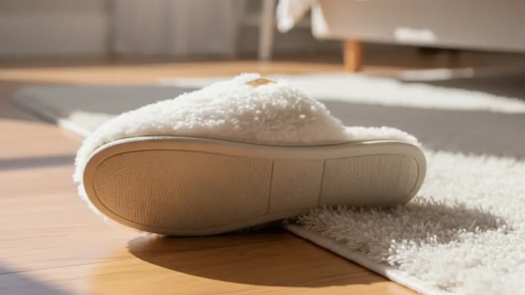 Luxurious non-slip slippers with arch support on wooden floor, safe and cozy gift for pregnant friend's swollen feet.