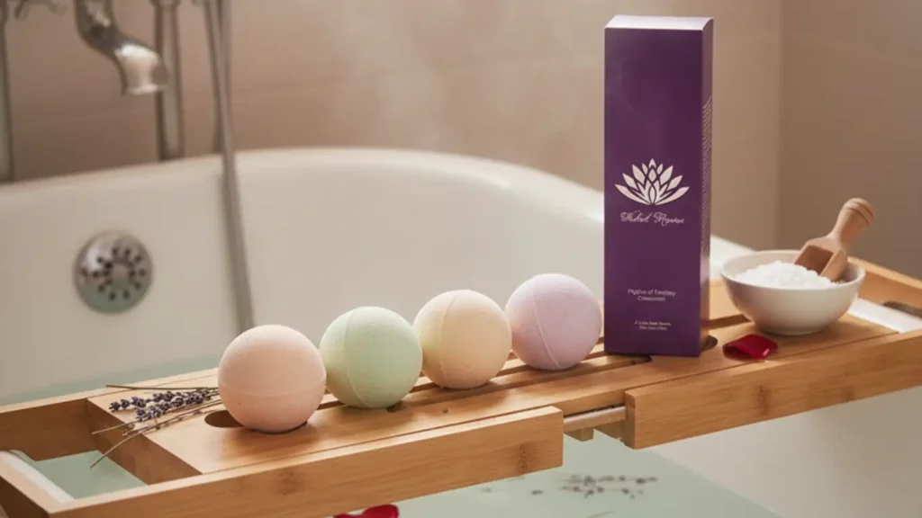 Pregnancy-safe bath bomb and epsom salt set on a bath tray, relaxing spa gift to soothe muscle aches safely.