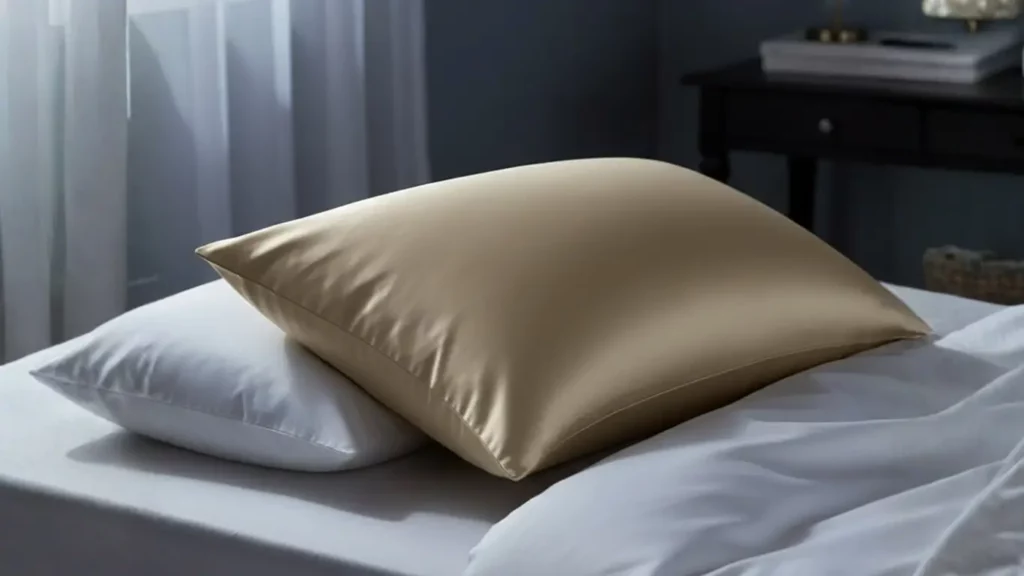 Smooth silk pillowcase and sleep mask on bed, luxury cooling gift to help pregnant friend sleep better.