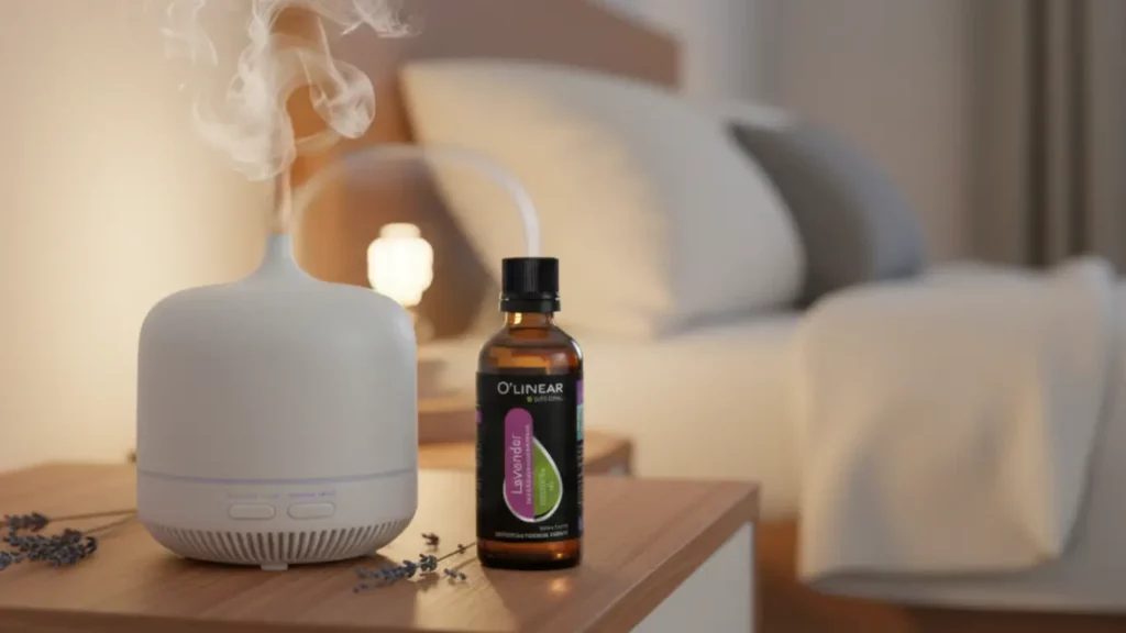 Aromatherapy diffuser emitting cool mist with lavender oil, calming gift for pregnant friend to relieve stress.