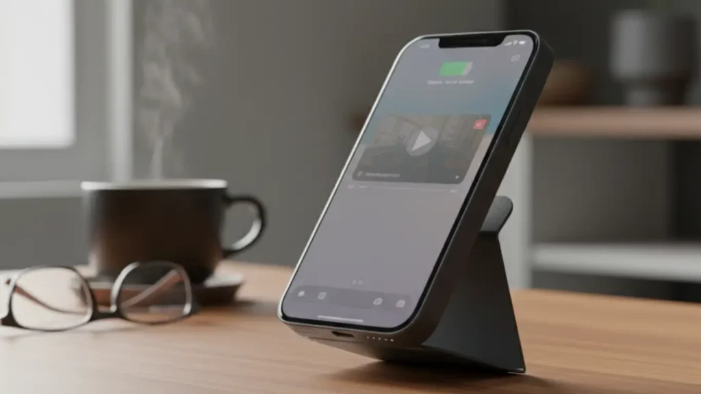 An Anker 622 MagGo magnetic battery attached to an iPhone, propped up with its foldable kickstand on a wooden table, as a convenient tech gift for dad.