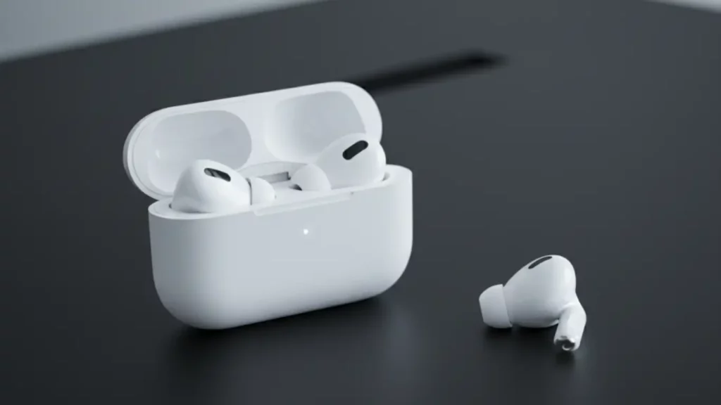 A pair of Apple AirPods Pro (2nd Gen) shown with their open MagSafe charging case on a clean, modern desk, as a premium tech anniversary gift.