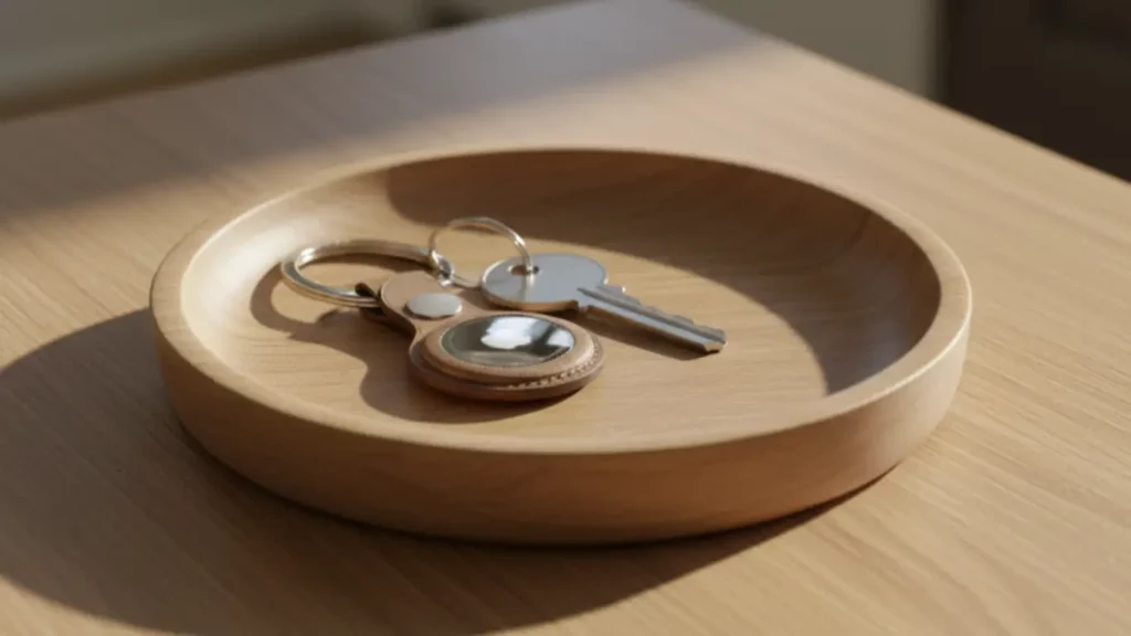 An Apple AirTag on a leather keychain with new house keys, a smart Amazon find and practical housewarming gift for men.