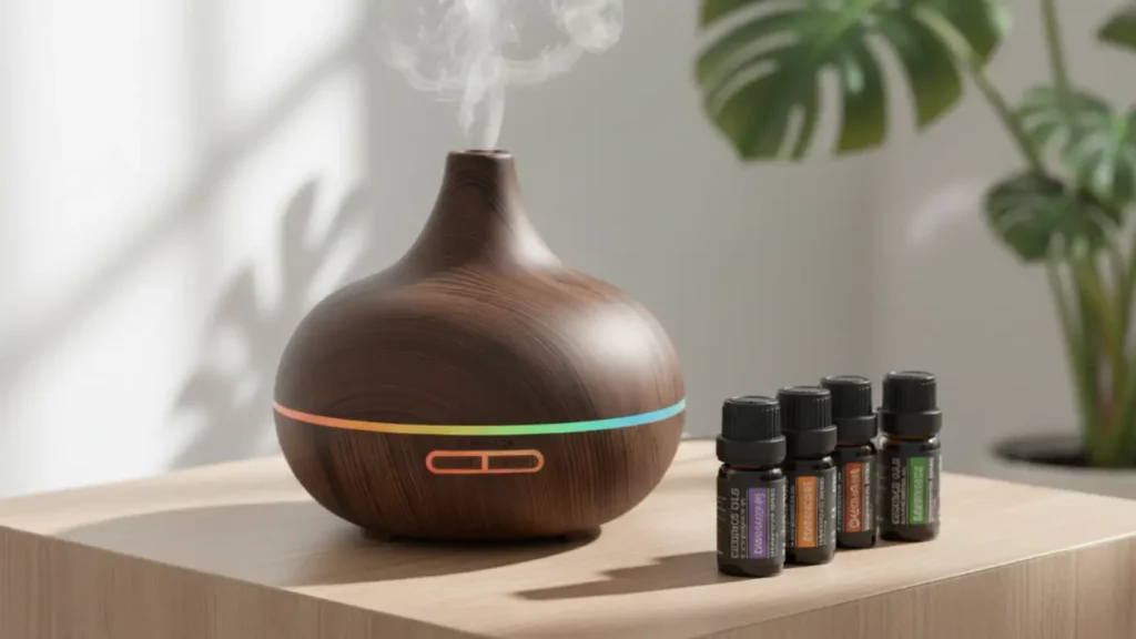An elegant aromatherapy diffuser emitting a gentle stream of mist on a wooden table, next to a bottle of lavender essential oil, creating a tranquil spa-like atmosphere for relaxation.