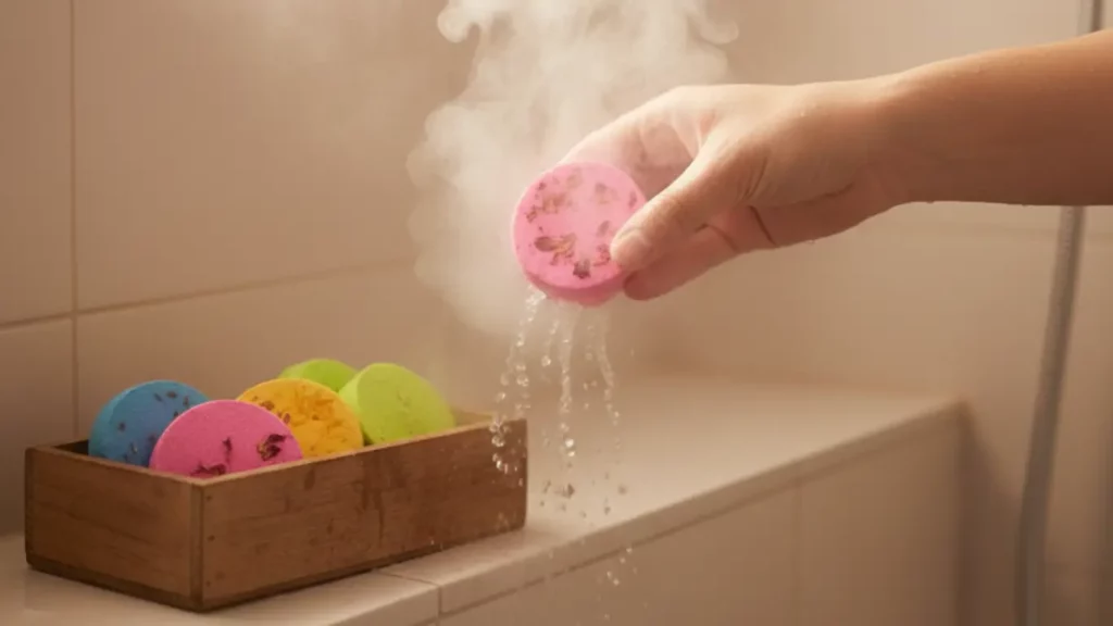 A hand holding an aromatherapy shower steamer as it fizzes and releases fragrant steam in a warm, steamy shower, with more steamers from the gift set resting on a wooden shelf in the background.