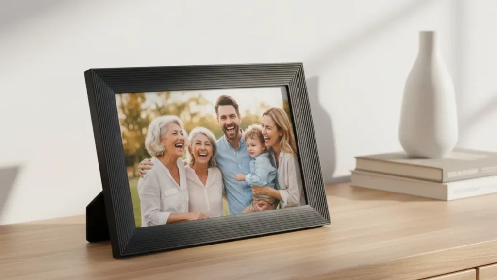 An Aura Carver digital picture frame, shown on a clean countertop, displaying a bright photo of a smiling family, as a thoughtful tech birthday gift for mom.