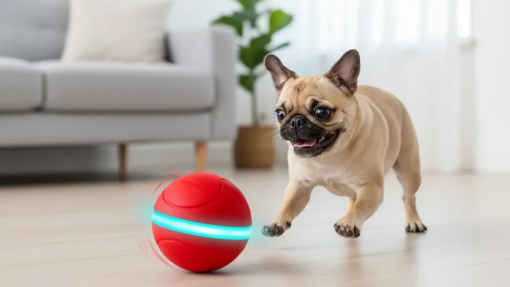 An energetic dog is happily playing with the BENTOPAL Interactive Dog Ball, demonstrating an engaging pet anxiety gadget for solo entertainment.