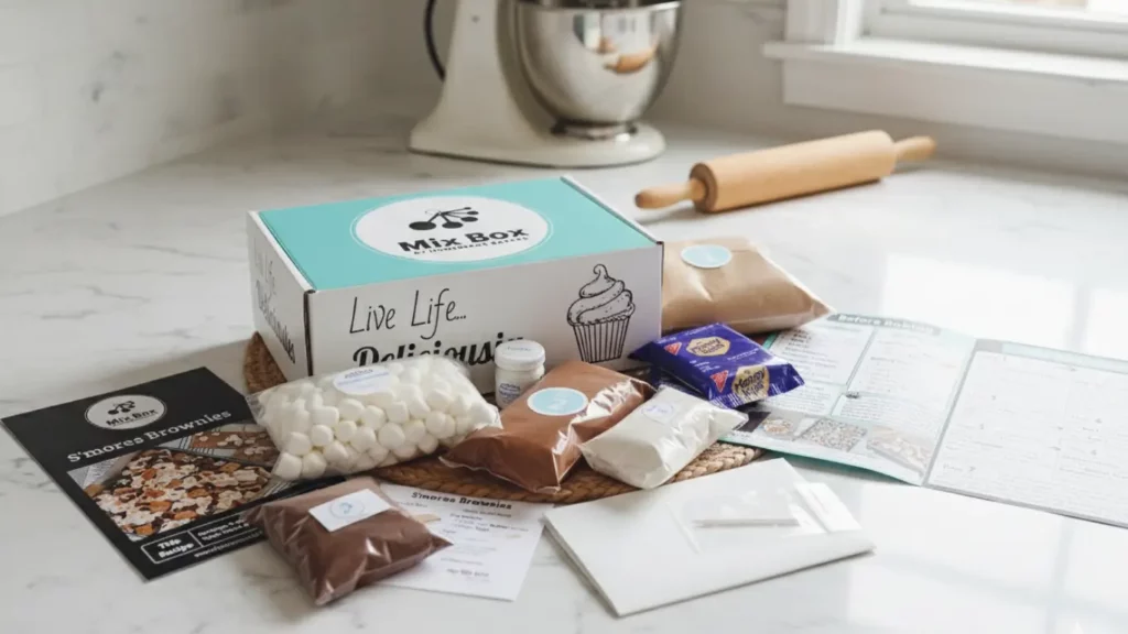 A 'Bake Eat Love' monthly baking subscription box, shown open on a clean kitchen counter, displaying its pre-measured ingredients and recipe card, as a fun gift for a baker.