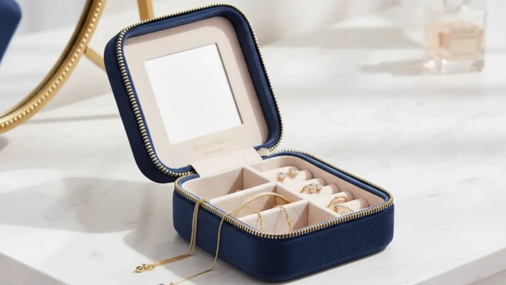 The Benevolence LA plush velvet travel jewelry box shown open on a white marble vanity, revealing organized compartments with a few delicate pieces of jewelry inside, highlighting it as an affordable luxury gift.