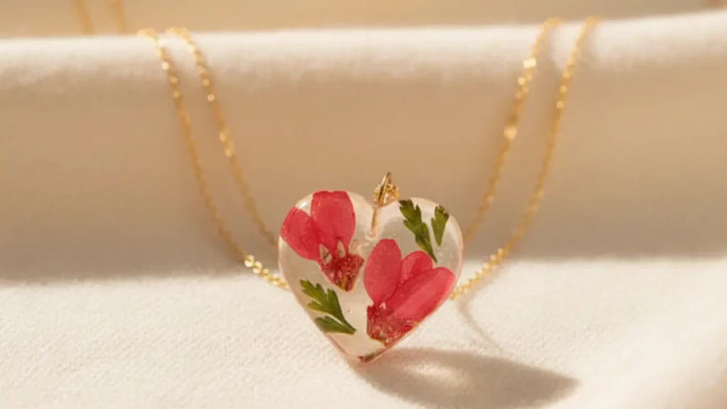 A close-up macro shot of a delicate birth month flower necklace, showing a preserved flower in a resin pendant, resting on a soft fabric, as a unique birthday gift for mom.