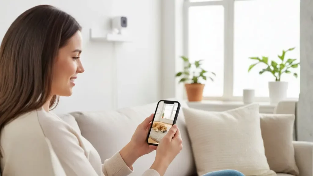 A pet owner smiles watching their calm pet on a smartphone via the Blink Mini Compact Indoor Camera, showcasing a simple solution for pet anxiety.