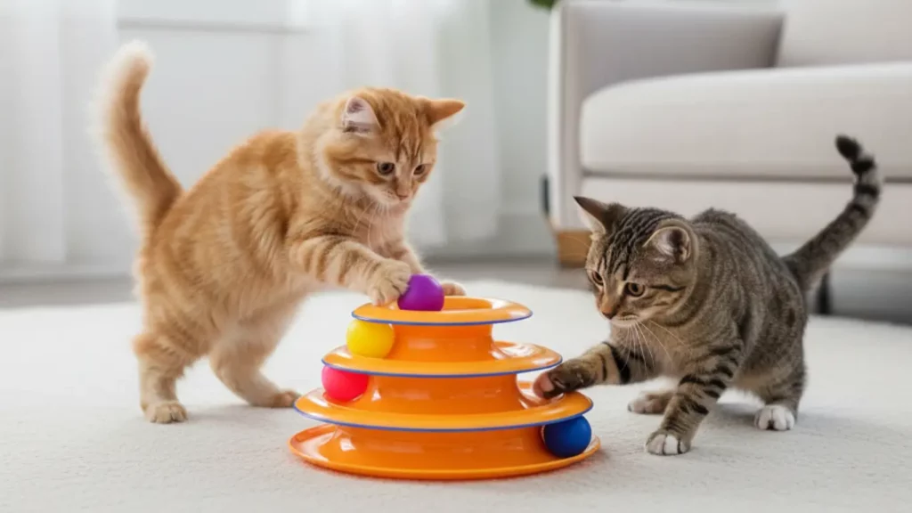An energetic cat plays with the CatStages Tower of Tracks, batting at spinning balls, showing a stimulating pet anxiety gadget for feline engagement.