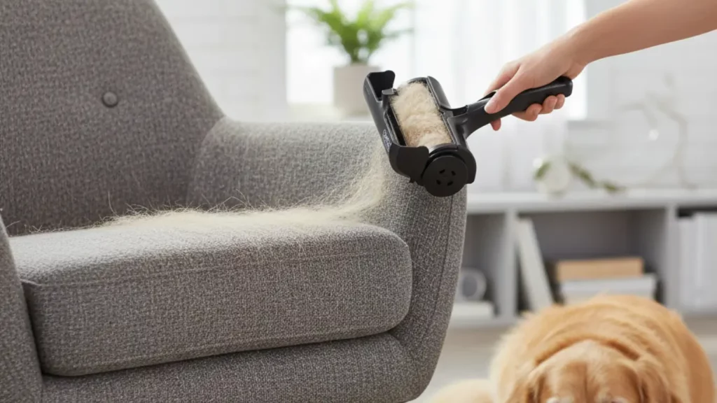 A hand actively uses the ChomChom Pet Hair Remover on a fabric sofa in a modern living room. One section of the sofa is visibly covered in pet hair, while the area where the ChomChom has passed is perfectly clean, showcasing its immediate and effective hair removal capabilities.