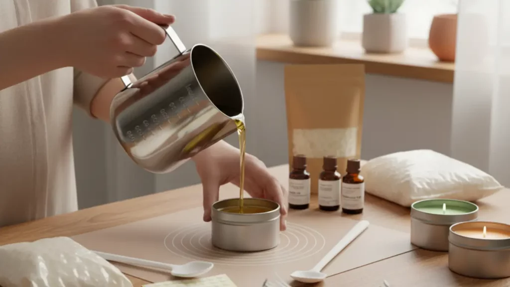 Hands pouring melted wax from a CraftBud DIY Candle Making Kit into a candle tin on a cozy wooden table, surrounded by wax flakes and fragrance oils, demonstrating the enjoyable process of making custom candles.