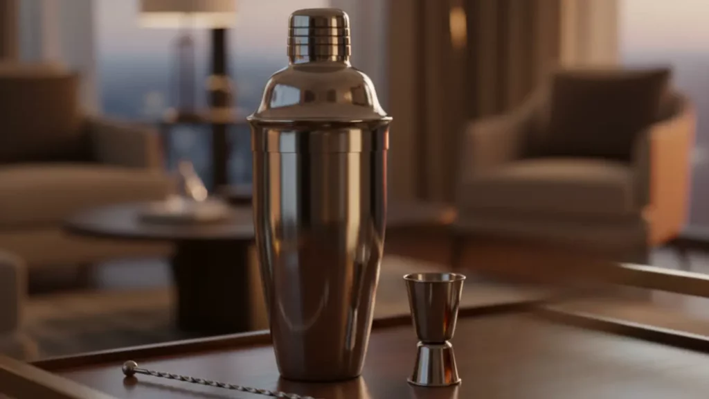 The Cresimo cocktail shaker bar set, shown on a bar cart, as a new home gift for him under $50.