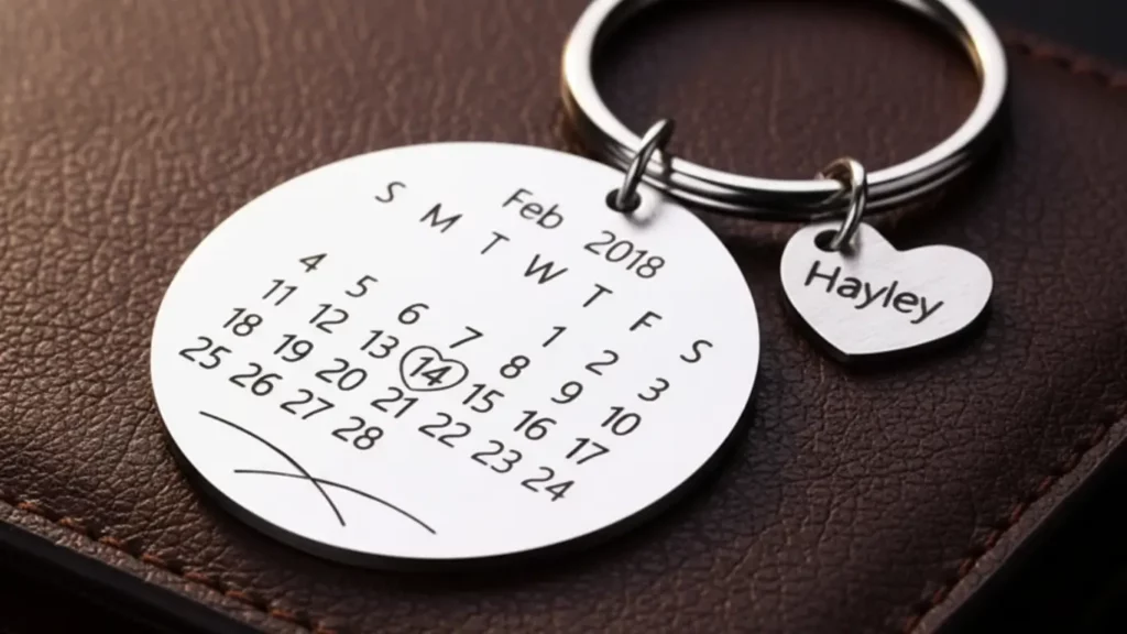 A close-up macro shot of a custom calendar key ring charm, showing a specific anniversary date circled with a heart, resting on a leather surface as a sentimental gift.
