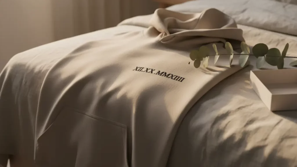 A custom embroidered hoodie in a neutral color, elegantly draped over a cozy armchair, showcasing the subtle Roman numeral embroidery on the chest as a romantic anniversary gift.