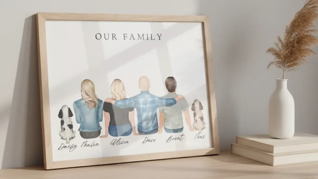 A framed custom family portrait illustration, shown leaning elegantly on a modern console table, as a unique and sentimental birthday gift for mom.