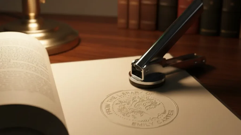 A close-up of a custom "From the Library Of" book embosser on a wooden desk, shown next to an open book displaying its crisp, raised embossed seal, as a sophisticated gift for a book lover.