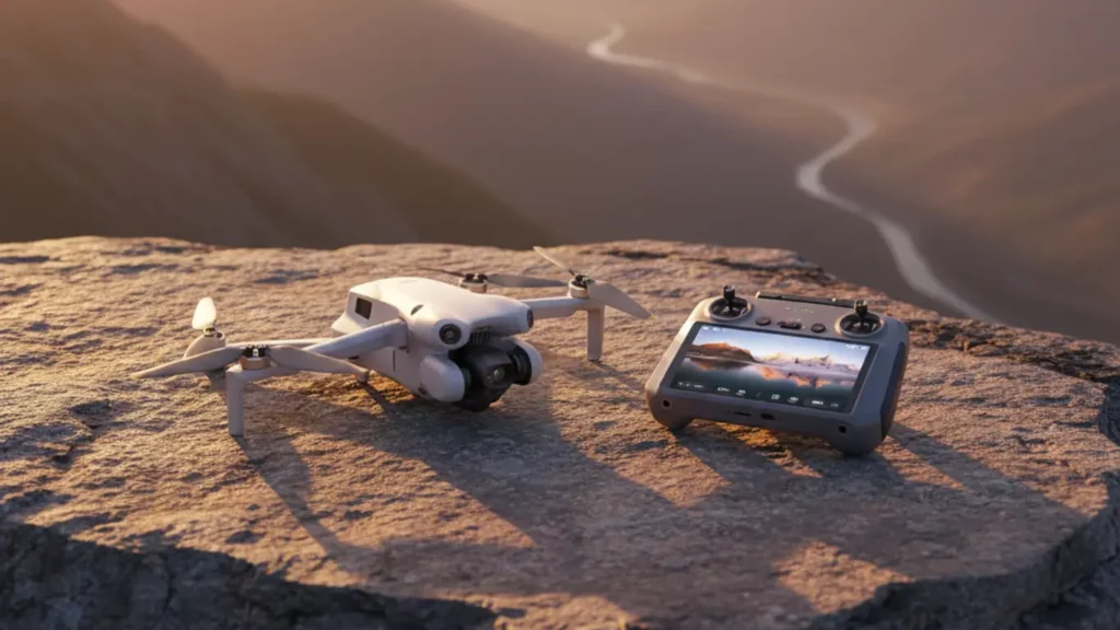 The DJI Mini 4 Pro drone and its smart controller, shown ready for takeoff on a mountain overlook at sunset, as the ultimate 4K video tech gift for dad.
