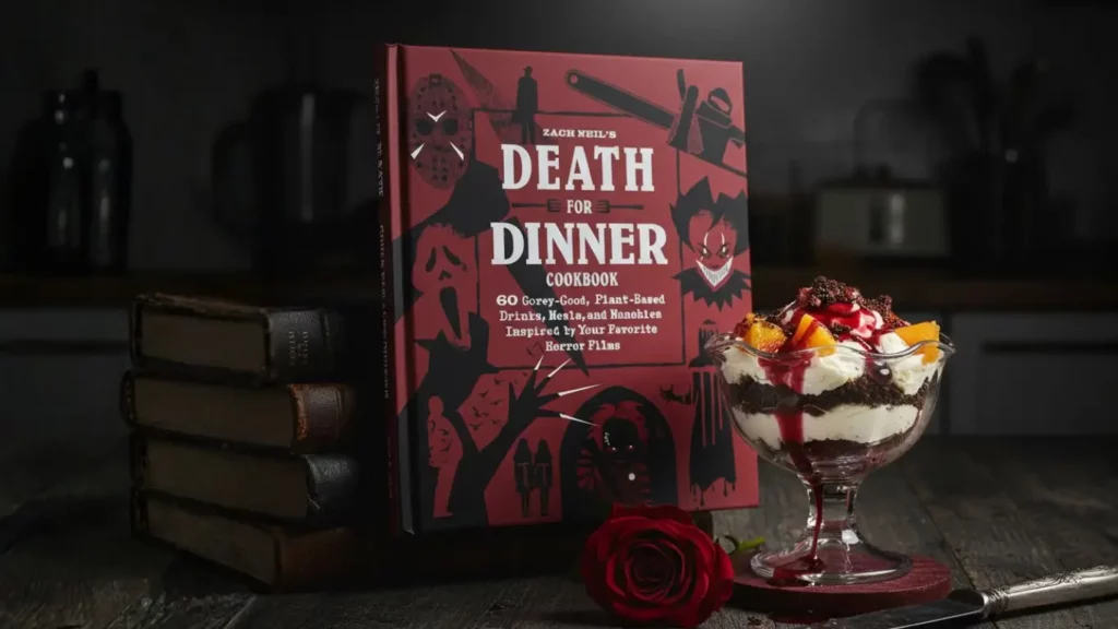 The "Death for Dinner" horror movie cookbook displayed on a moody, dark kitchen counter next to a finished "Blood Orange Cheesecake Trifle" recipe, showcasing it as a unique, plant-based gift for horror fans.
