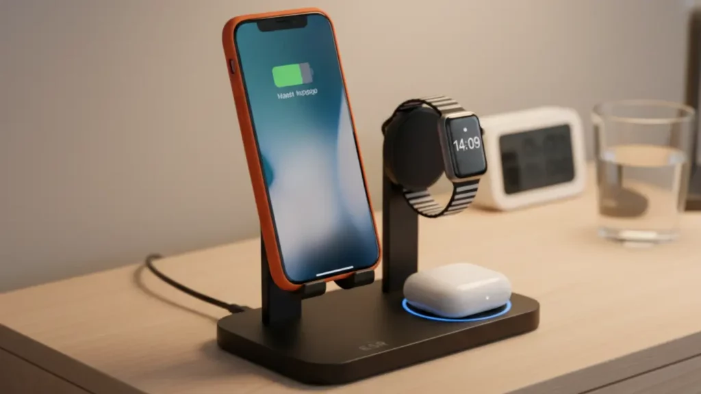 An ESR 3-in-1 Magnetic Charging Station, shown in white on a clean nightstand, simultaneously charging an iPhone, Apple Watch, and AirPods, as a practical tech anniversary gift.