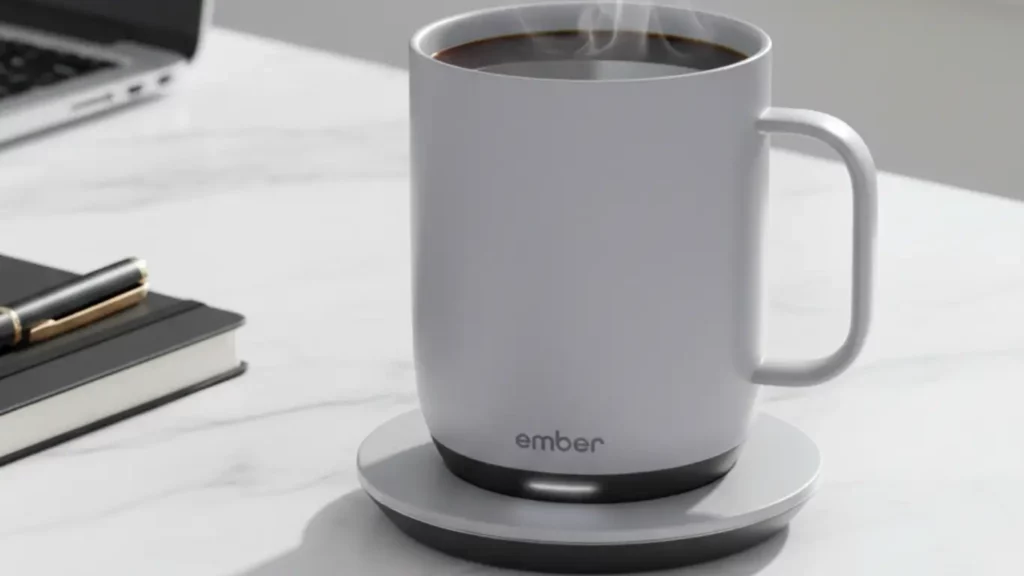 The Ember Temperature Control Smart Mug 2, shown in black on its charging coaster on a modern desk, keeping a cup of coffee perfectly hot, as a luxury tech anniversary gift.