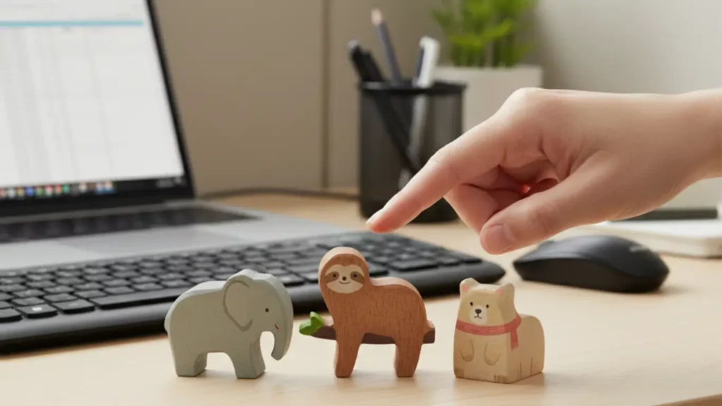 A hand gently touching one of several small, wooden Emotional Support Desk Pets arranged on a modern office desk, next to a keyboard and monitor, illustrating a calming moment during a workday.